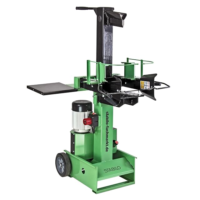Yellow and black Dema vertical log splitter with transport wheels and a Y-shaped splitting wedge