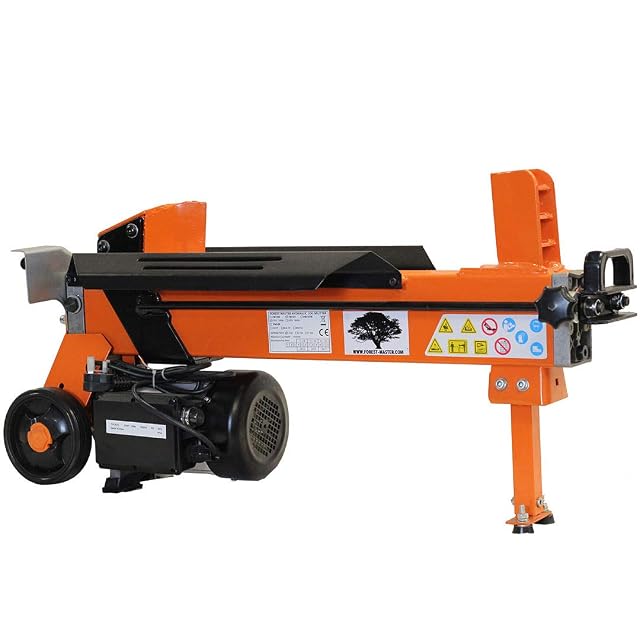 Forest Master electric log splitter with a twin-edged blade, a workbench frame and a safety guard
