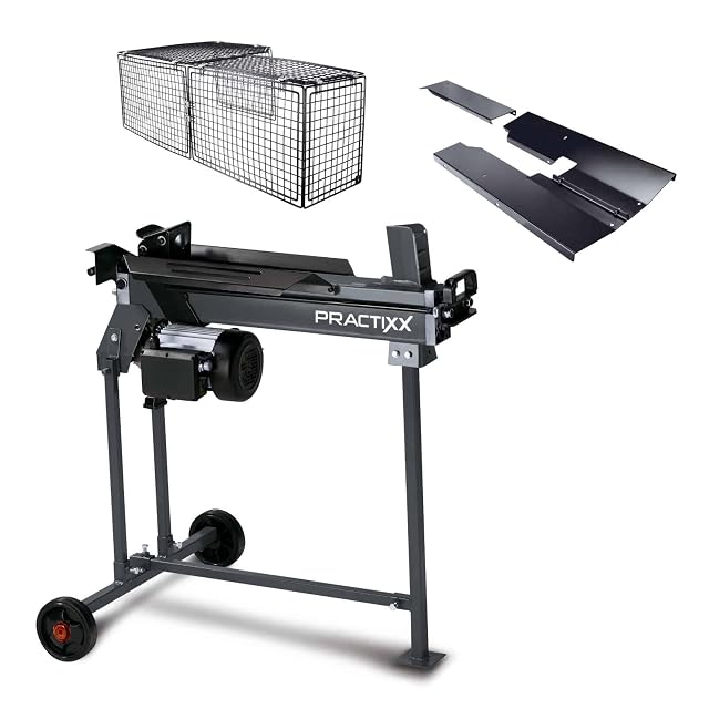 Practixx horizontal log splitter on a steel stand with a log resting against the splitting wedge