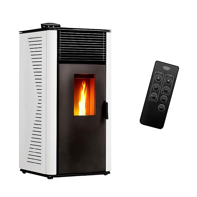 White Sannover Anita pellet stove with a curved front and a small glass window