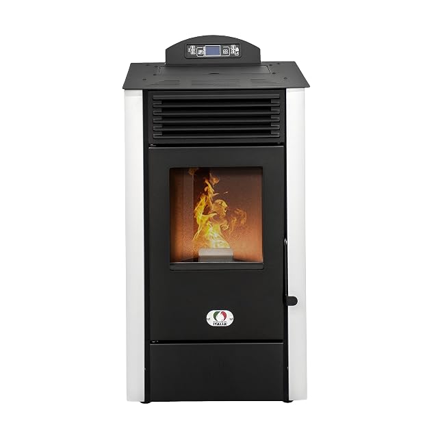 White California pellet stove with a rounded body, a control display and a small firebox window