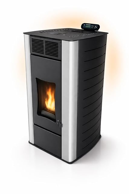 Black Umbrella P18 hydro pellet stove with a control display and a large pellet hopper lid