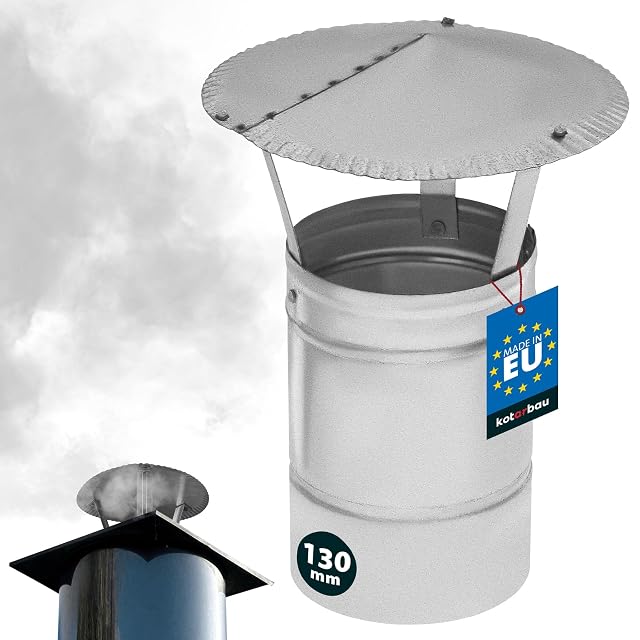 A silver galvanised steel rain cap with a 130 millimetre pipe and a 230 millimetre hood
