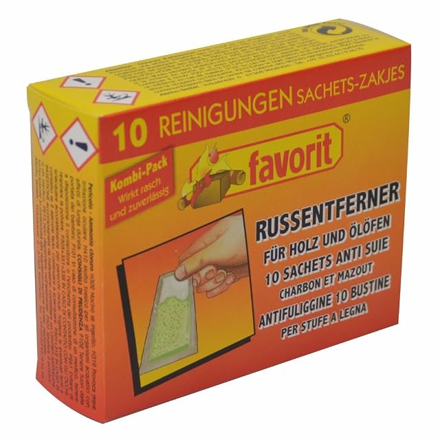 A pack of ten sachets of high-performance soot remover powder for stoves and chimneys