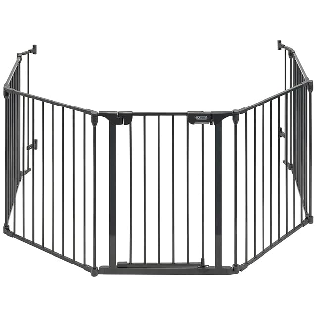 A grey metal fireplace barrier with a door element and four side panels, three metres long
