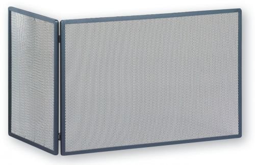A black lacquered steel spark screen with mesh and folding side panels, 750 millimetres wide