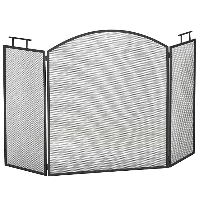 A black folding three-panel metal fire screen with mesh panels and two carrying handles