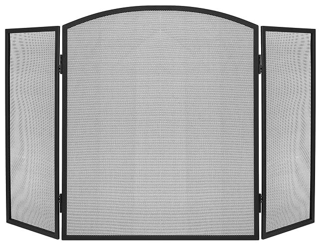 A black three-panel fire screen with a stainless steel mesh, 118 centimetres long and 76.5 high