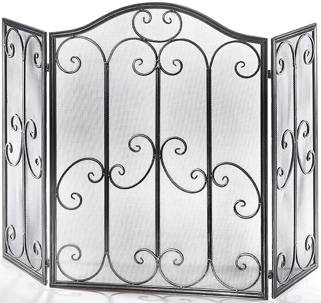 A brushed black-silver three-wing fire screen 129 centimetres long and 85 centimetres high