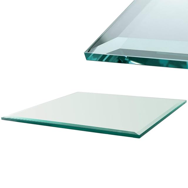 A clear 6 mm toughened glass plate of 80 by 70 centimetres with a facet-ground edge