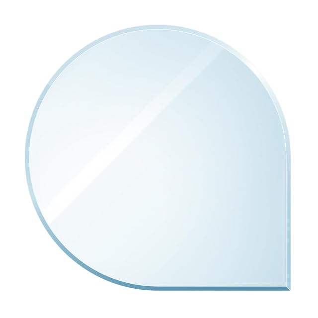 A transparent teardrop-shaped toughened glass spark plate of 1100 by 1100 millimetres for a corner stove