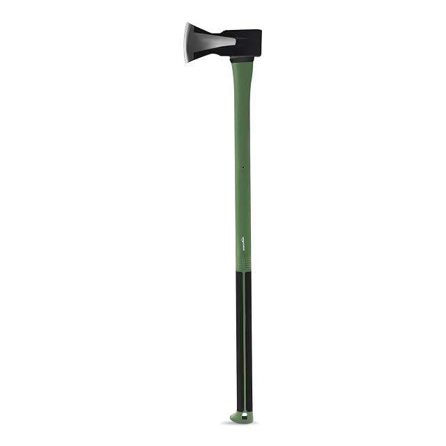 Olive green and black splitting axe with a forged carbon steel head and a non-slip handle