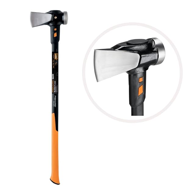 Black and orange Fiskars IsoCore XXL splitting axe with a hammer poll and a long composite shaft