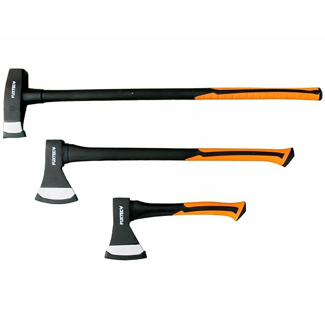 Fuxtec three-piece axe set with a hatchet, a mid-size axe and a large splitting axe laid side by side