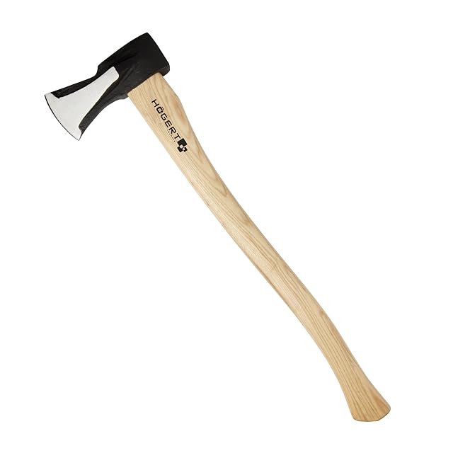 Splitting axe with a black hardened steel head on a lacquered hickory handle
