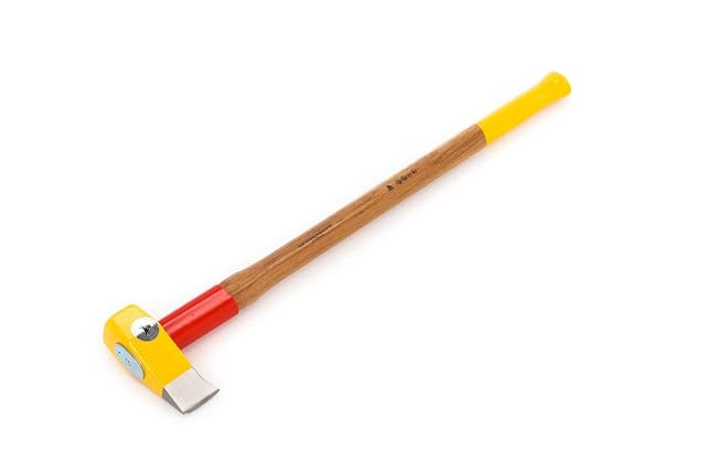 Yellow Ochsenkopf Big Ox splitting maul with a turning nose and a steel sleeve over a hickory handle