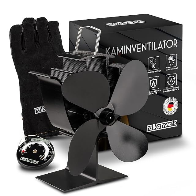 Black Falkenwerk stove fan supplied with a round magnetic stove thermometer and a heat-resistant glove