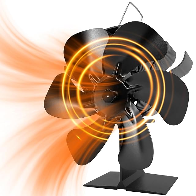Black Jumoking six-blade stove fan positioned at the rear corner of a stove top