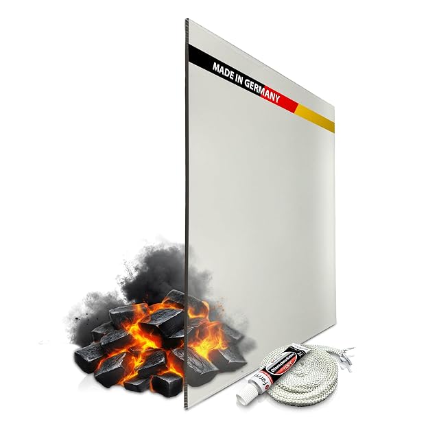 A made-to-measure Schott ROBAX stove pane with a slight brownish tint and seamed edges