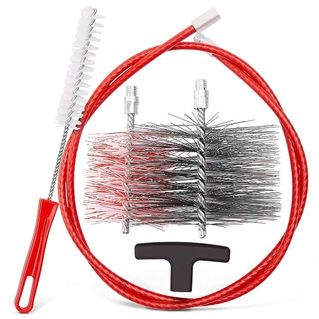 A stove and pellet cleaning set with two flue brushes, a flexible cable and an M12 handle