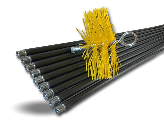A classic chimney sweeping set with a 180 millimetre synthetic brush and nine flexible rods