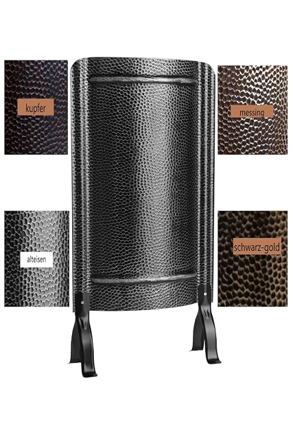 A hammered powder-coated steel stove screen on feet, 91 centimetres tall and 46 wide
