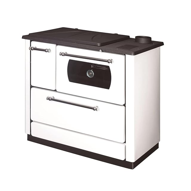 A white wood-fired kitchen cooker with an oven, rated 9 kilowatts