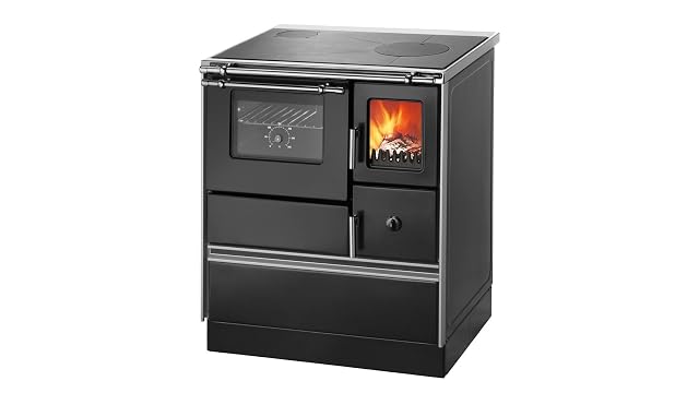 An enamelled solid fuel kitchen cooker with a steel hotplate, rated 5 kilowatts