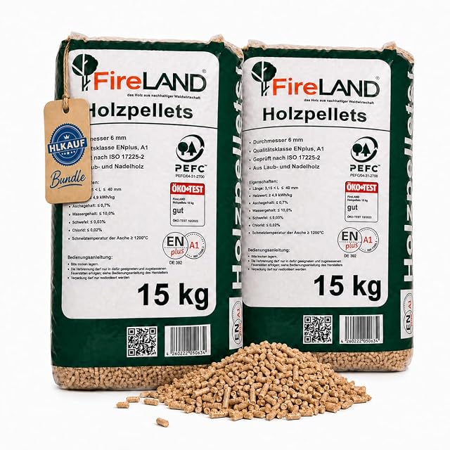 Two 15 kg sacks of 6 mm ENplus A1 pellets made from hardwood and softwood by-products