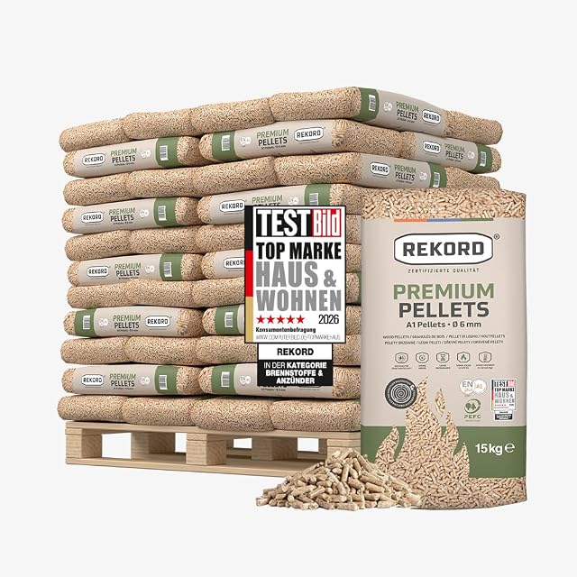 A pallet of sixty-six 15 kg sacks of REKORD premium ENplus A1 wood pellets