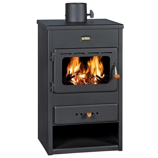Prity K1 steel wood stove with a flat grate and a top flue outlet