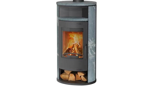 Grey oval Thermia Olympus V3 wood stove clad in natural stone