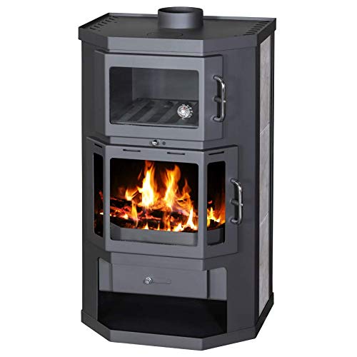 Black Victoria Taro F wood stove with a ceramic surround, a baking compartment and a cast hotplate